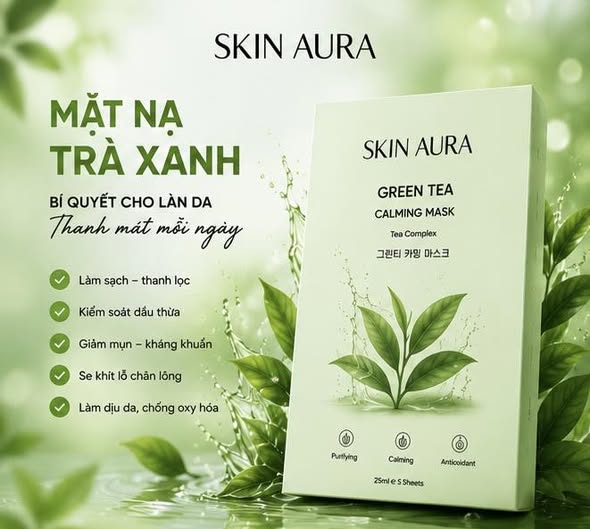 Mặt nạ trà xanh Skin Aura là sản phẩm mặt nạ dưỡng da được thiết kế để bổ sung độ ẩm và mang đến cảm giác thư giãn trong quá trình chăm sóc da tại nhà.